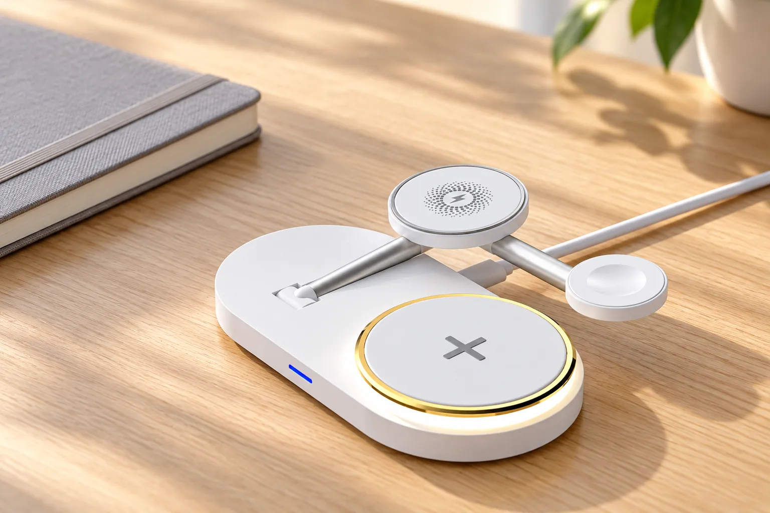 White charging stand with its circular phone pad and side watch pad in the folded position
