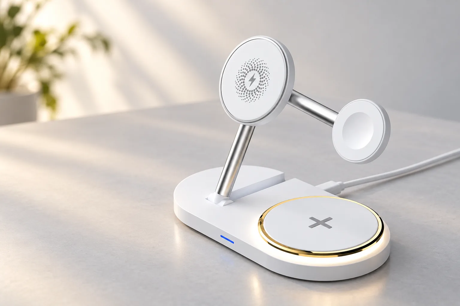 Raised white wireless charger showing its metal support, side watch pad and gold-edged base disk