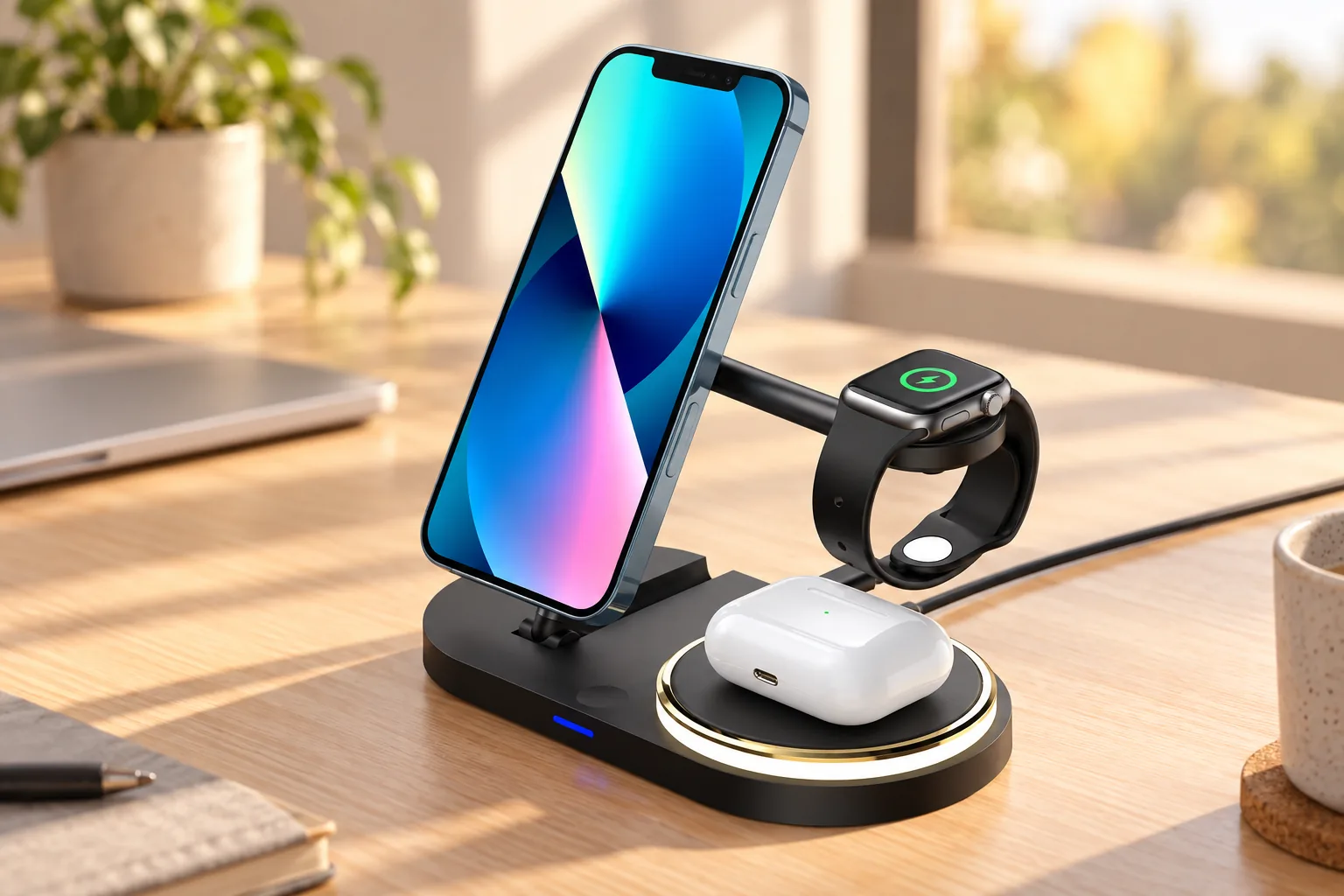 Black magnetic charger on a desk supporting an upright phone, side-mounted watch and earbud case