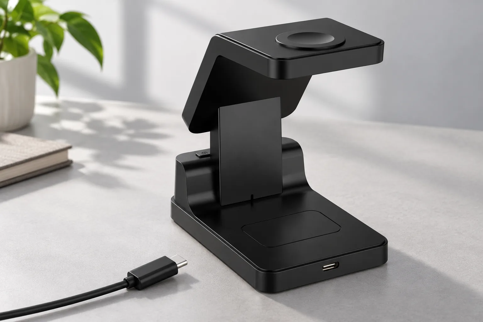 Rear view of the black charging stand with its support blade, Type-C input and matching cable plug