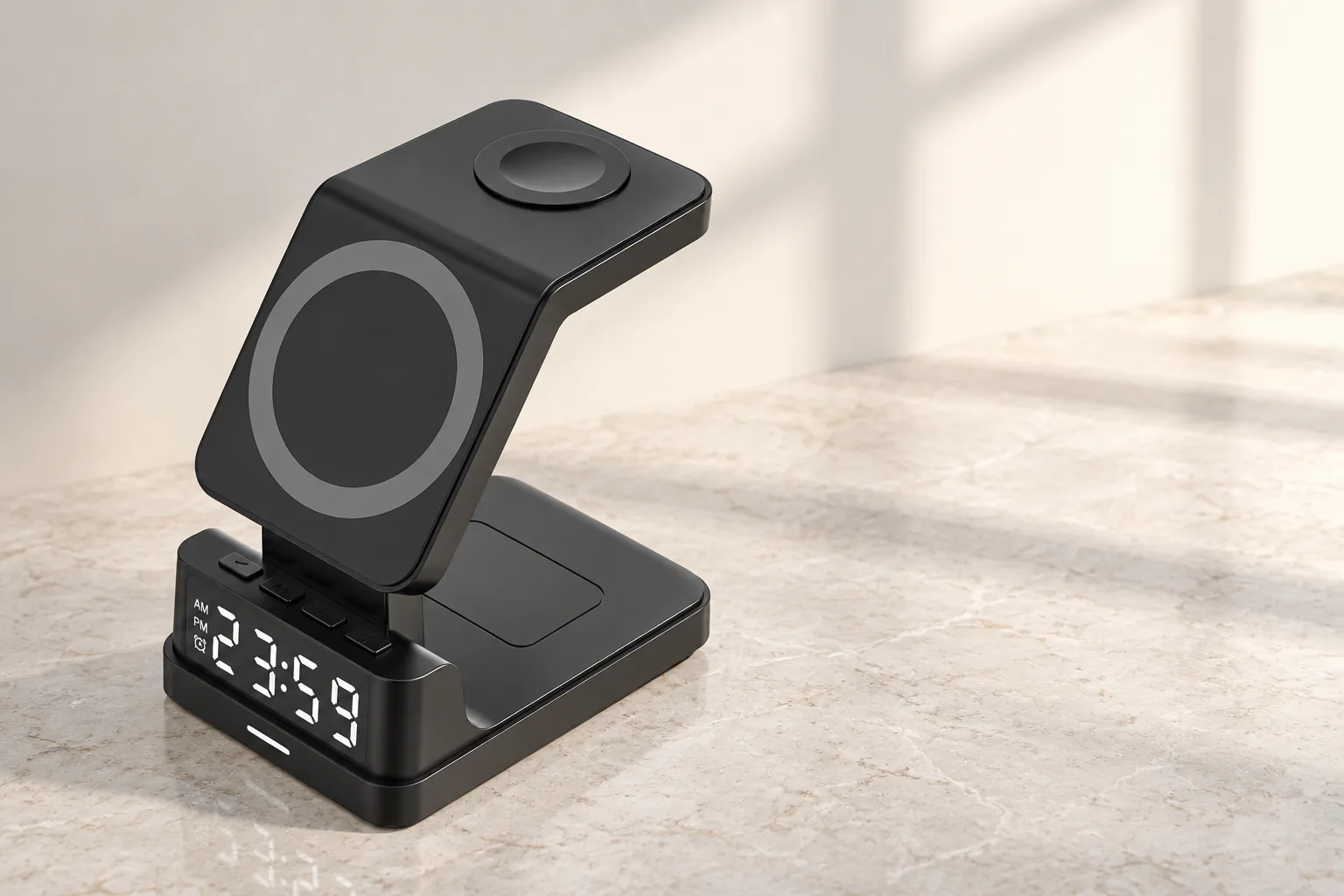 Black clock charger with a sloping circular-marked phone panel and watch pad above the front digital display