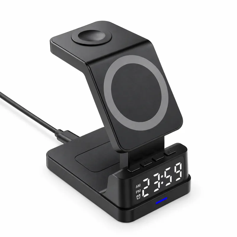 15W Foldable Magnetic Wireless Charger with Digital Alarm Clock