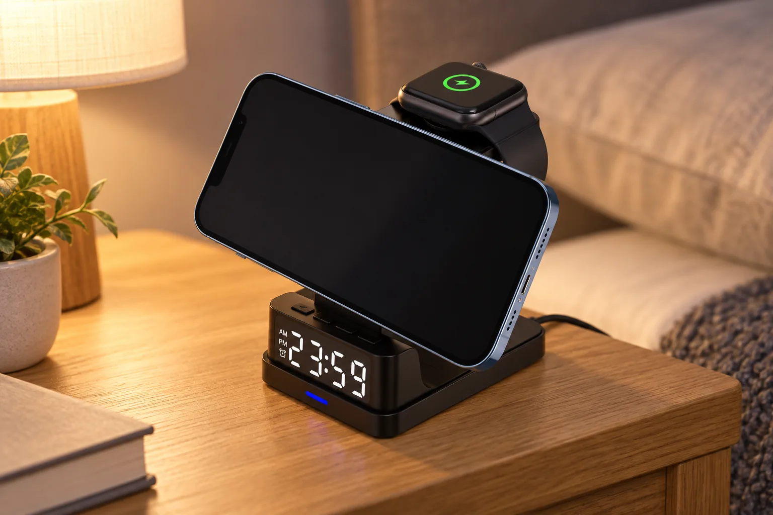 Clock charging stand on a bedside table holding an opaque landscape phone and a watch on the upper pad