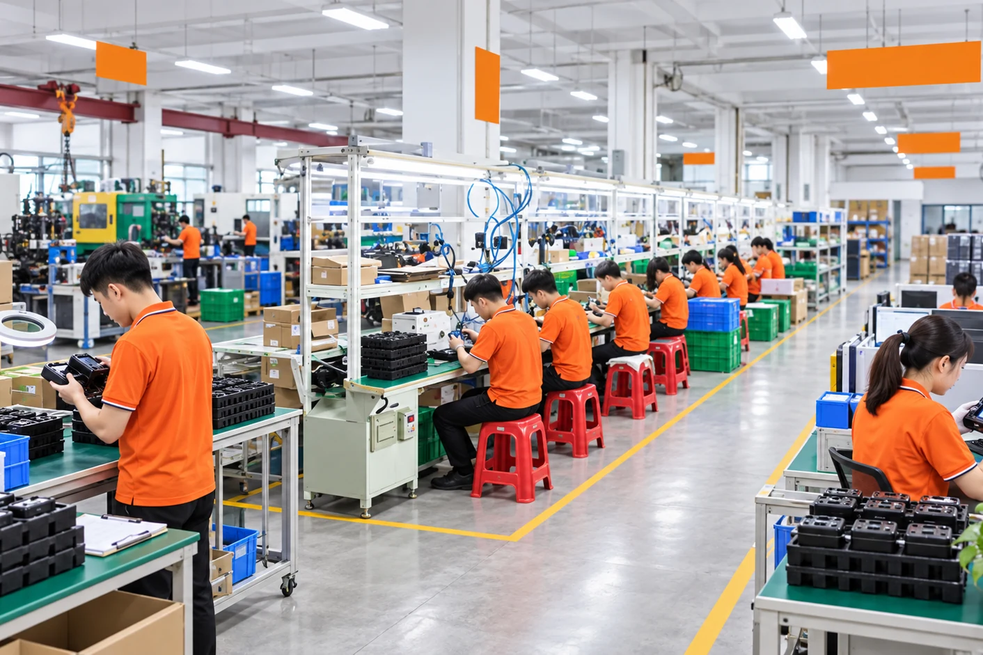 Electronics assembly and inspection workstations in a production facility