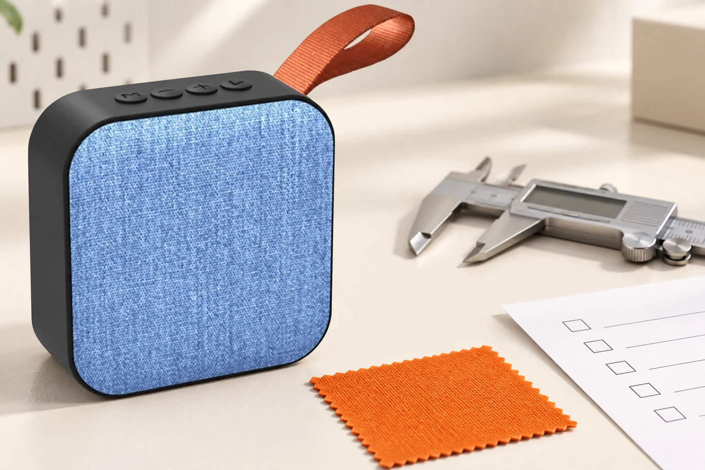 Blue fabric speaker sample beside measurement tools and a material swatch