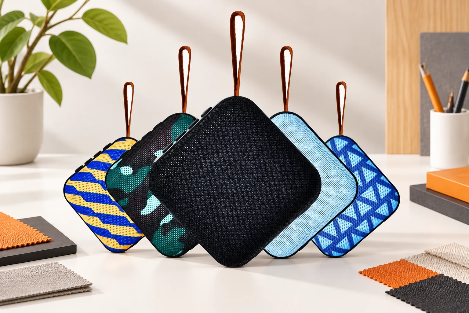 Square fabric speaker faces displaying distinct abstract customization patterns