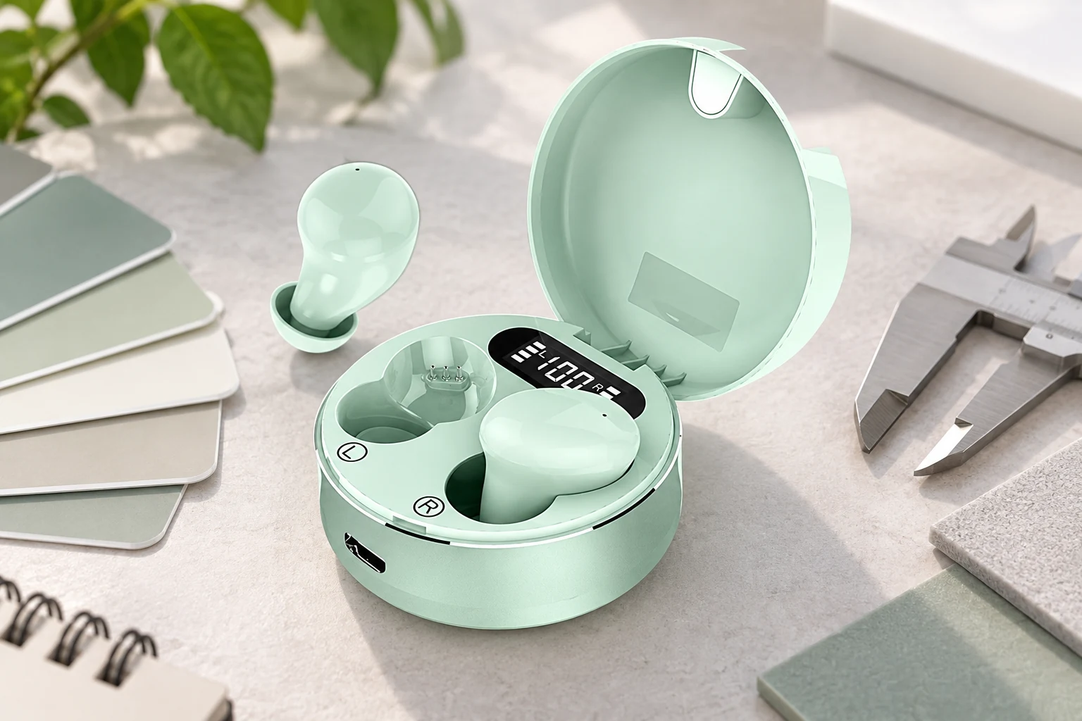 Pale green true wireless stereo sample beside color swatches and a caliper