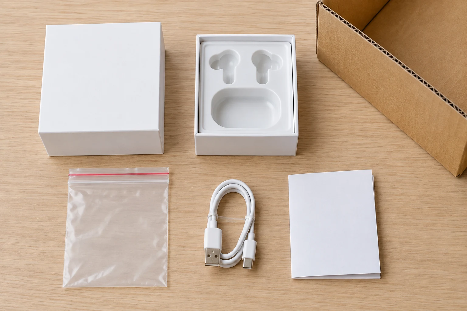 Unbranded earphone packaging components arranged for shipment review