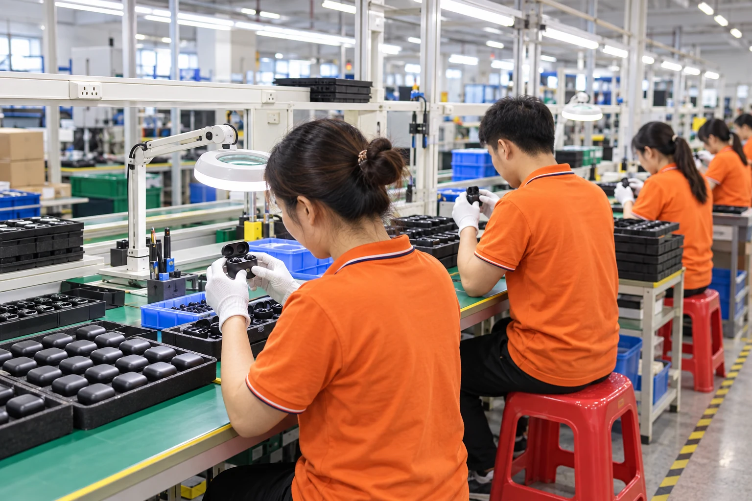 Workers inspecting compact earbud charging cases on an electronics assembly line