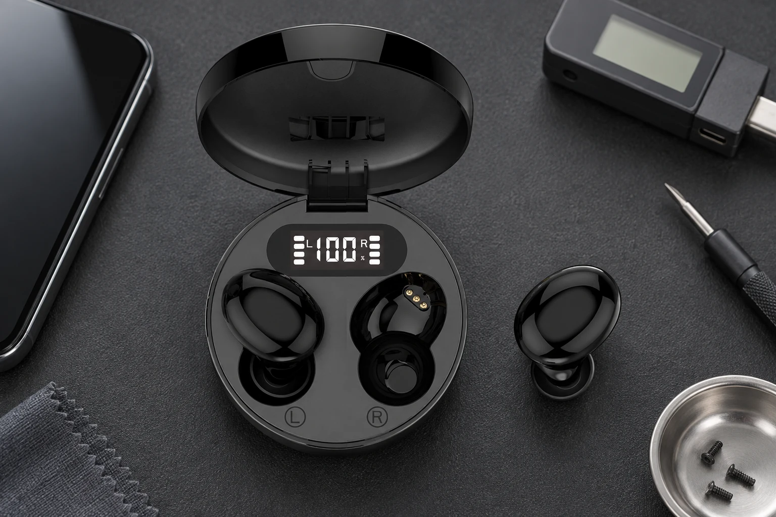 Top-down inspection of earbud charging contacts, status display, and case geometry