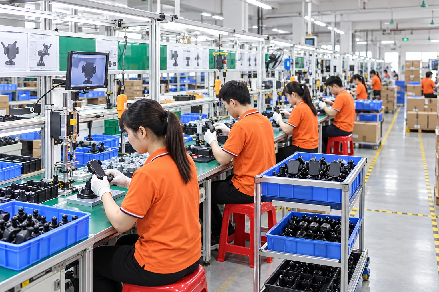 Electronics assembly line with operators checking car charger mounts