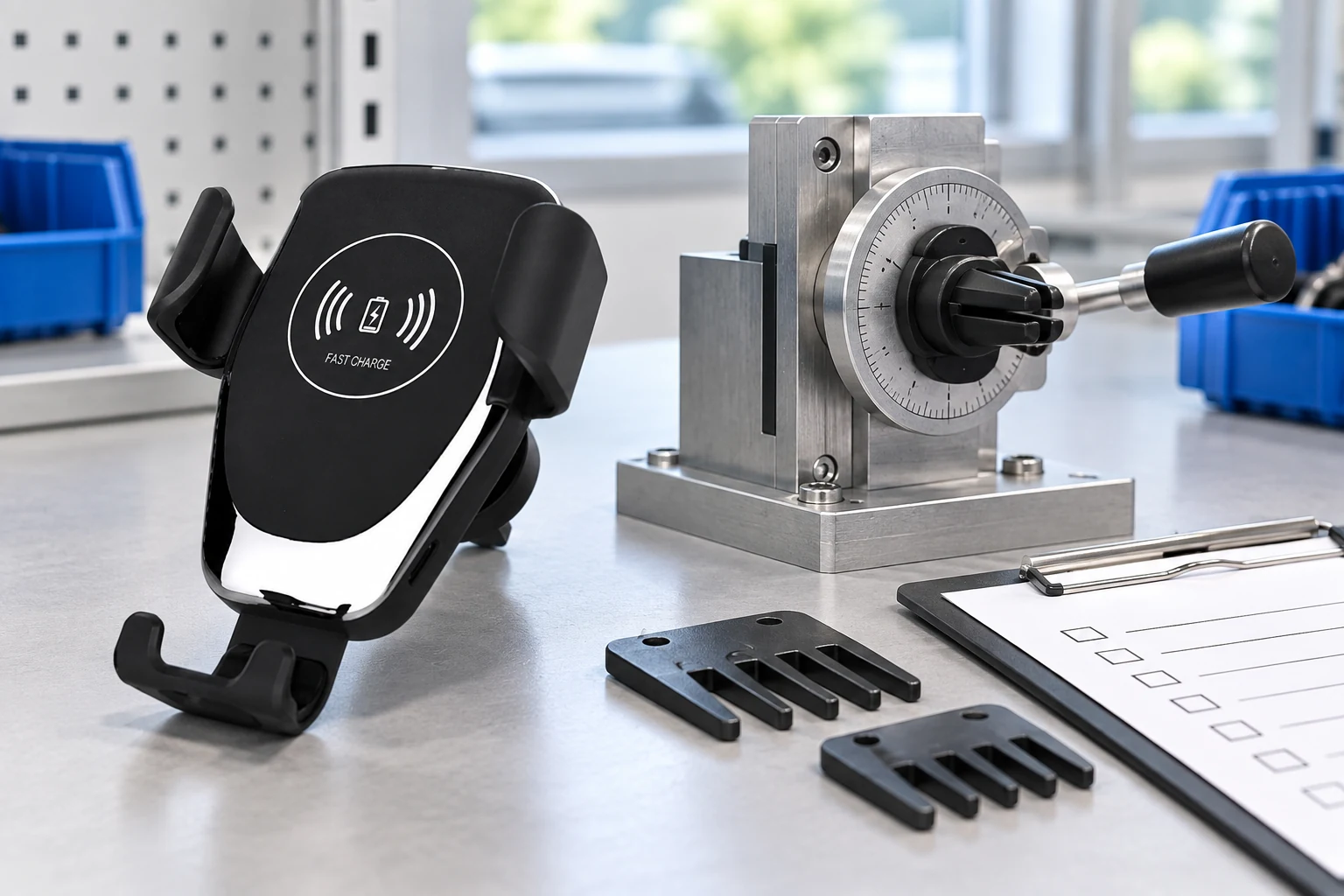 Car air vent wireless charger displayed beside a rotation and fit inspection fixture