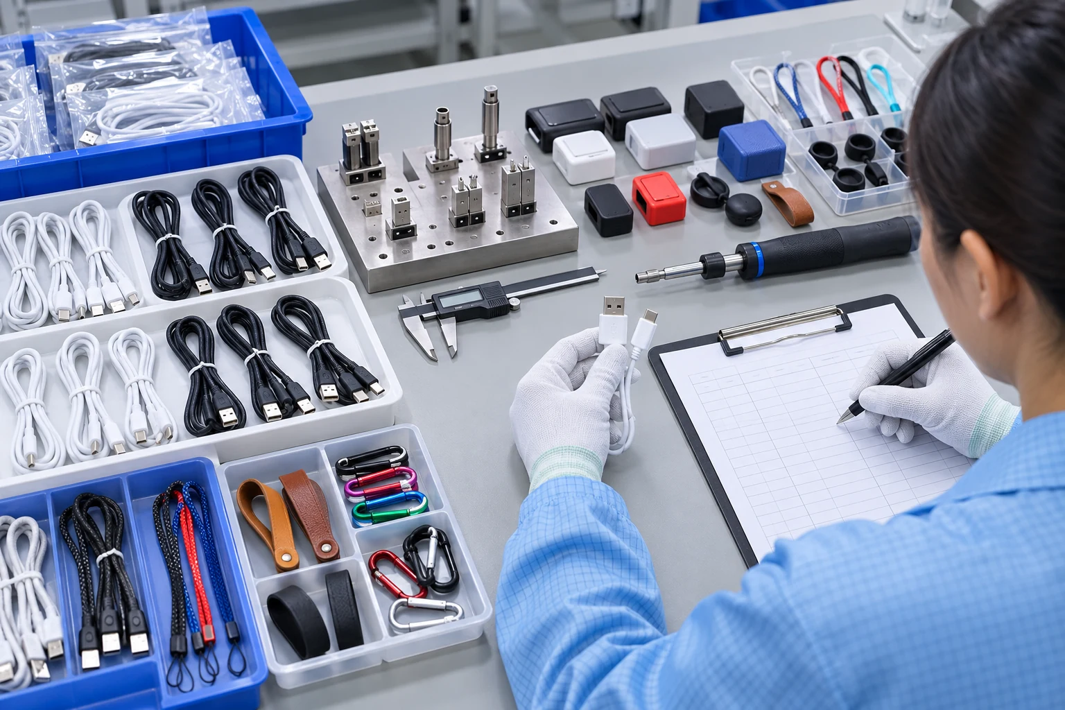 Incoming inspection bench with cables, housings, gauges, and a control sheet