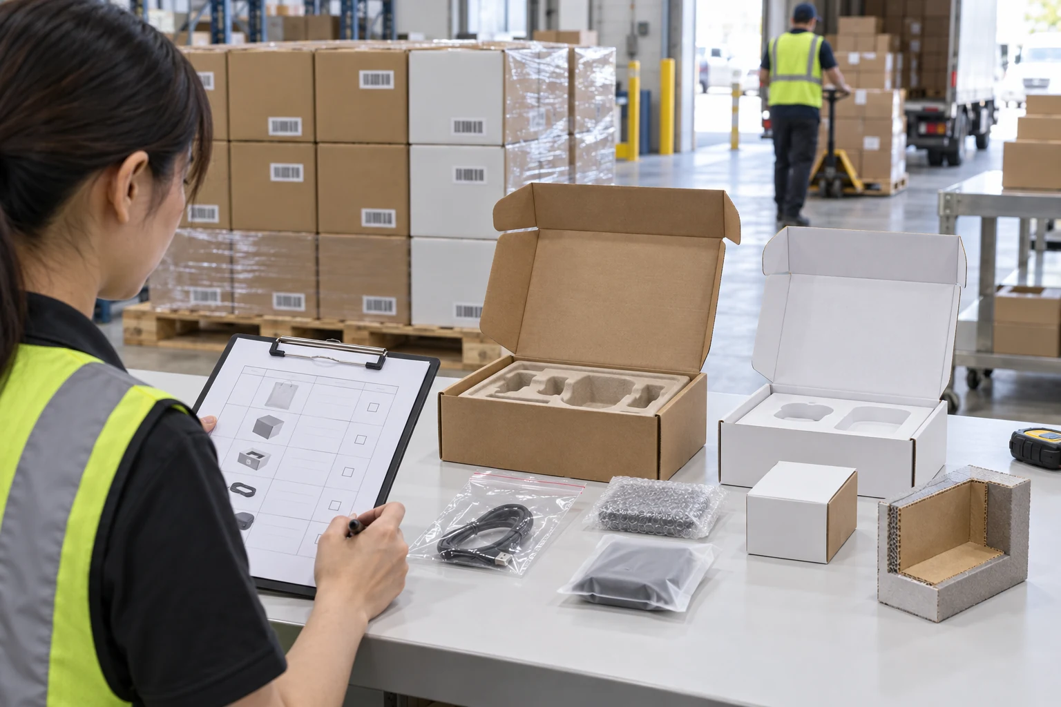 Packaging approval station comparing protective inserts and boxed accessories