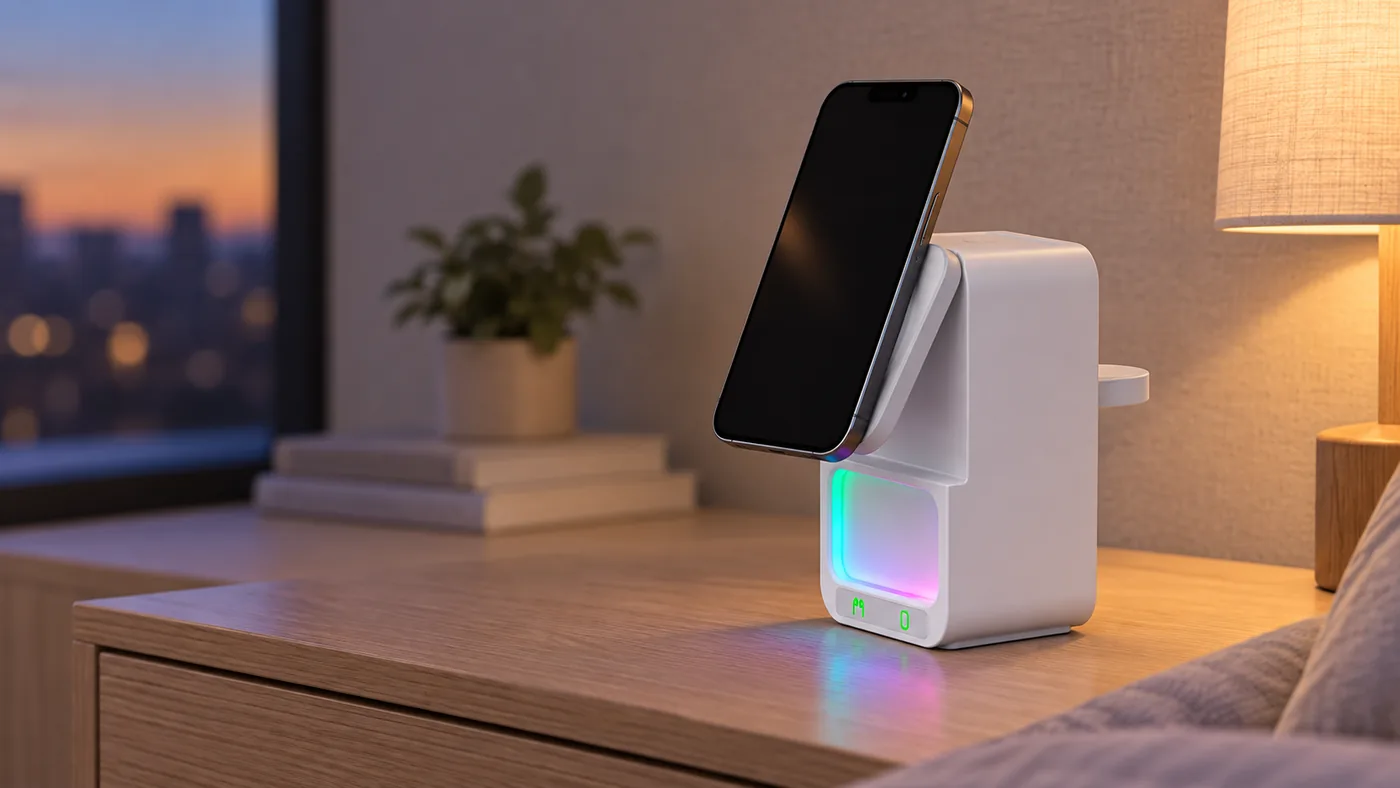 Illustrative bedside setup with the charger speaker holding a phone