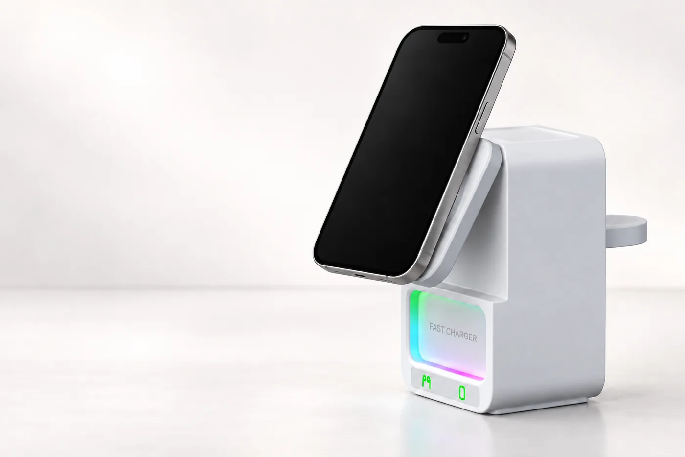 Phone mounted on the front charging surface of the white unit