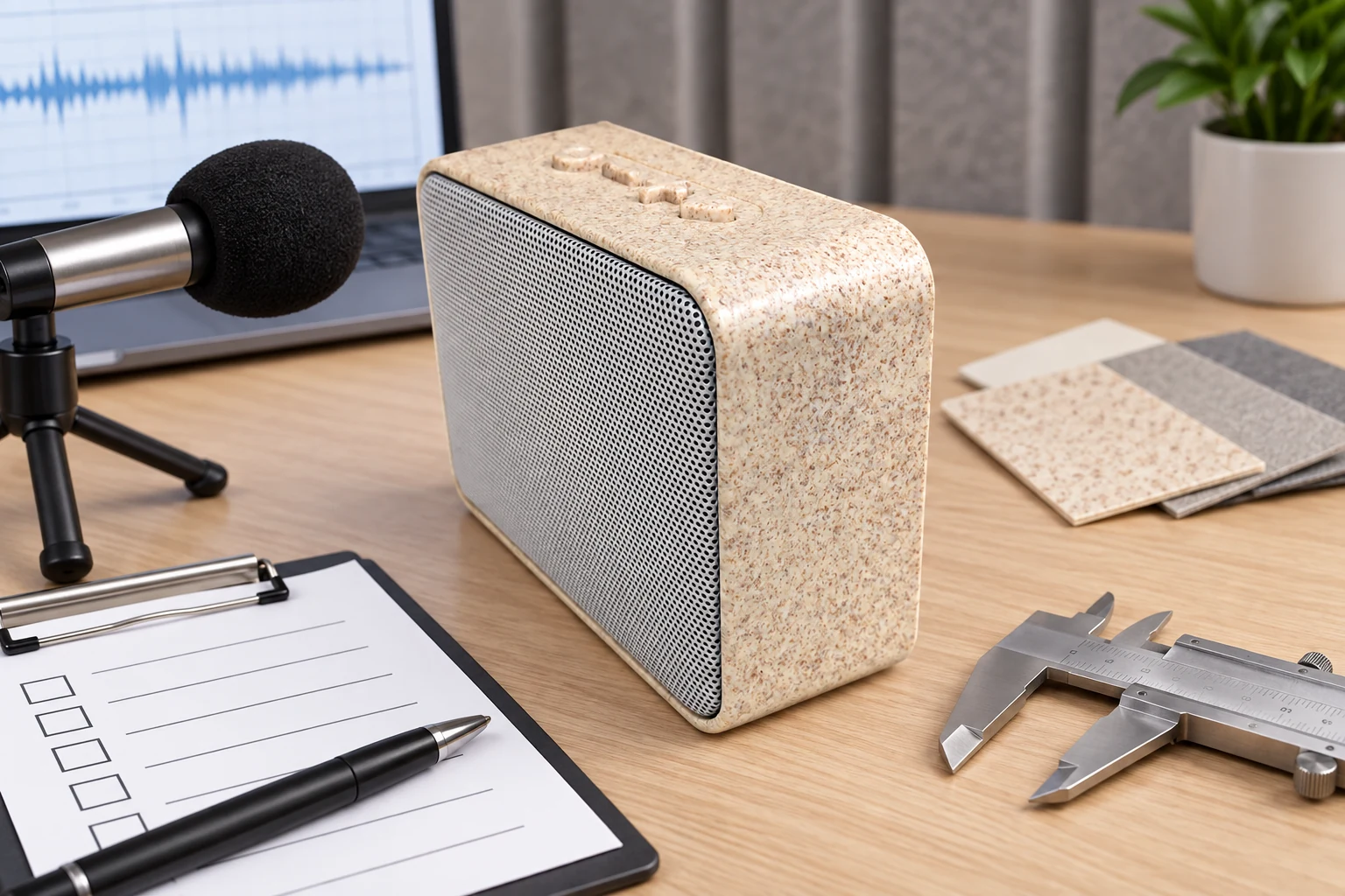 Beige wheat-straw Bluetooth speaker reviewed beside a controlled product specification