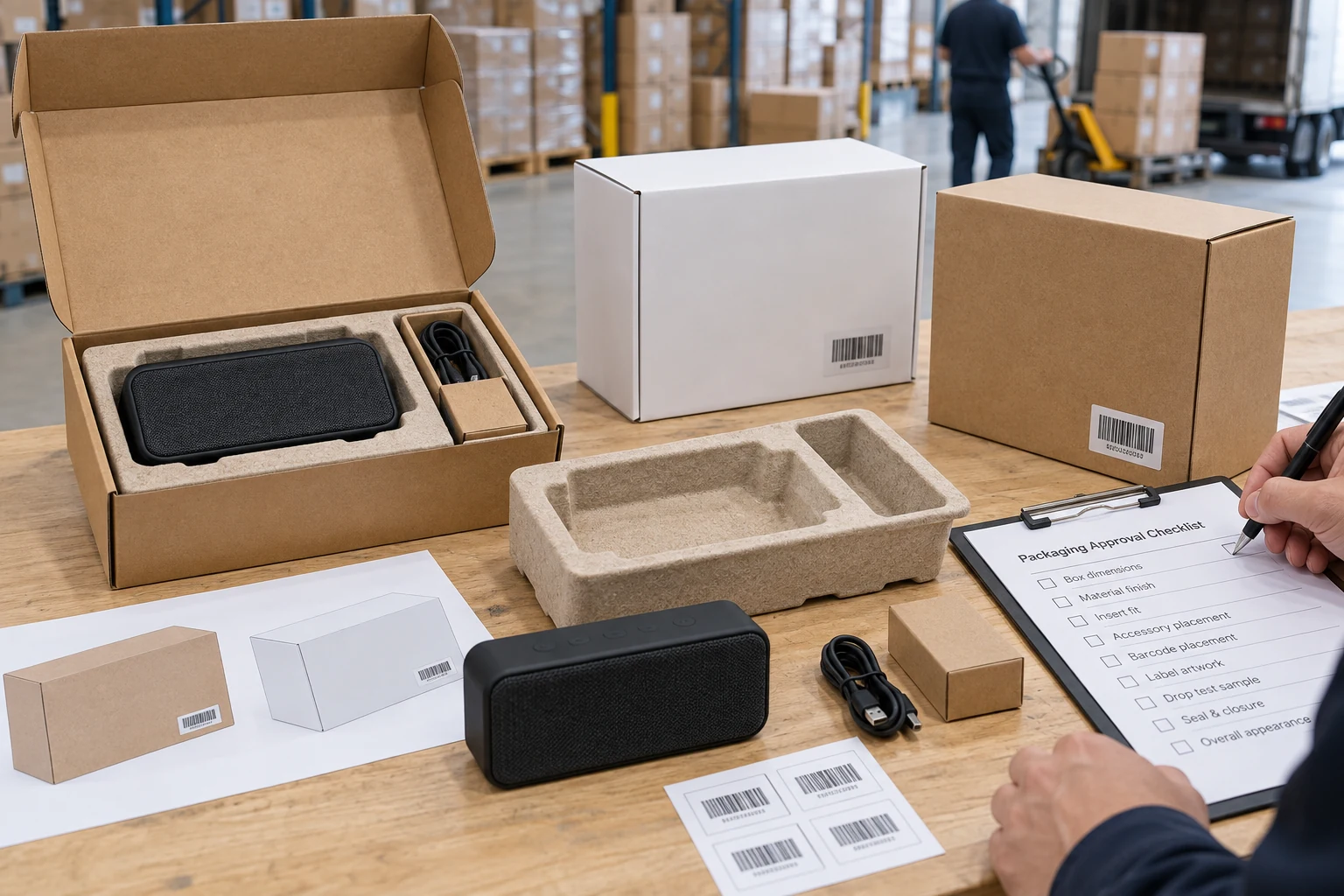 Bluetooth speaker packaging components reviewed against an approval checklist