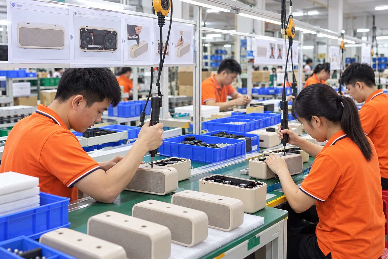 Pilot-run inspection of Bluetooth speaker housings on an electronics assembly line