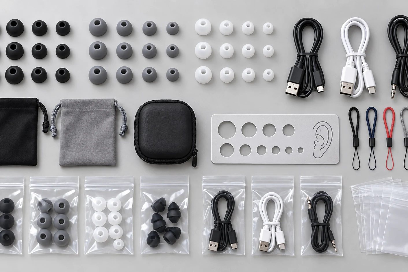 Organized ear tips cables pouches and fit gauges on a test bench