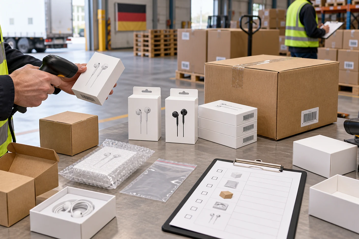 Earphone packages and cartons at a receiving inspection station