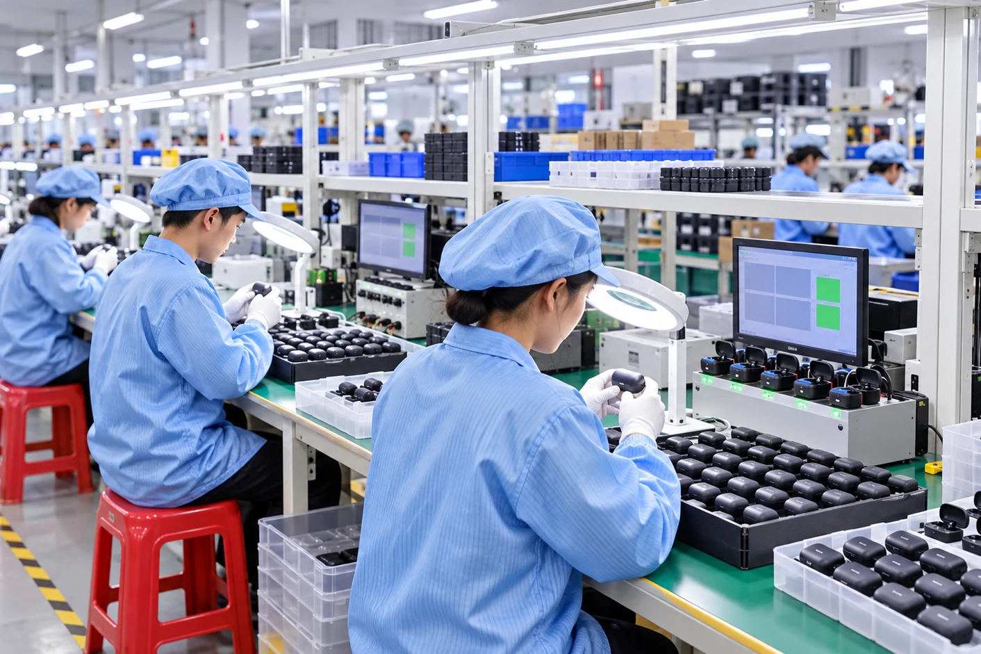 Earphone charging cases sampled on an electronics inspection line