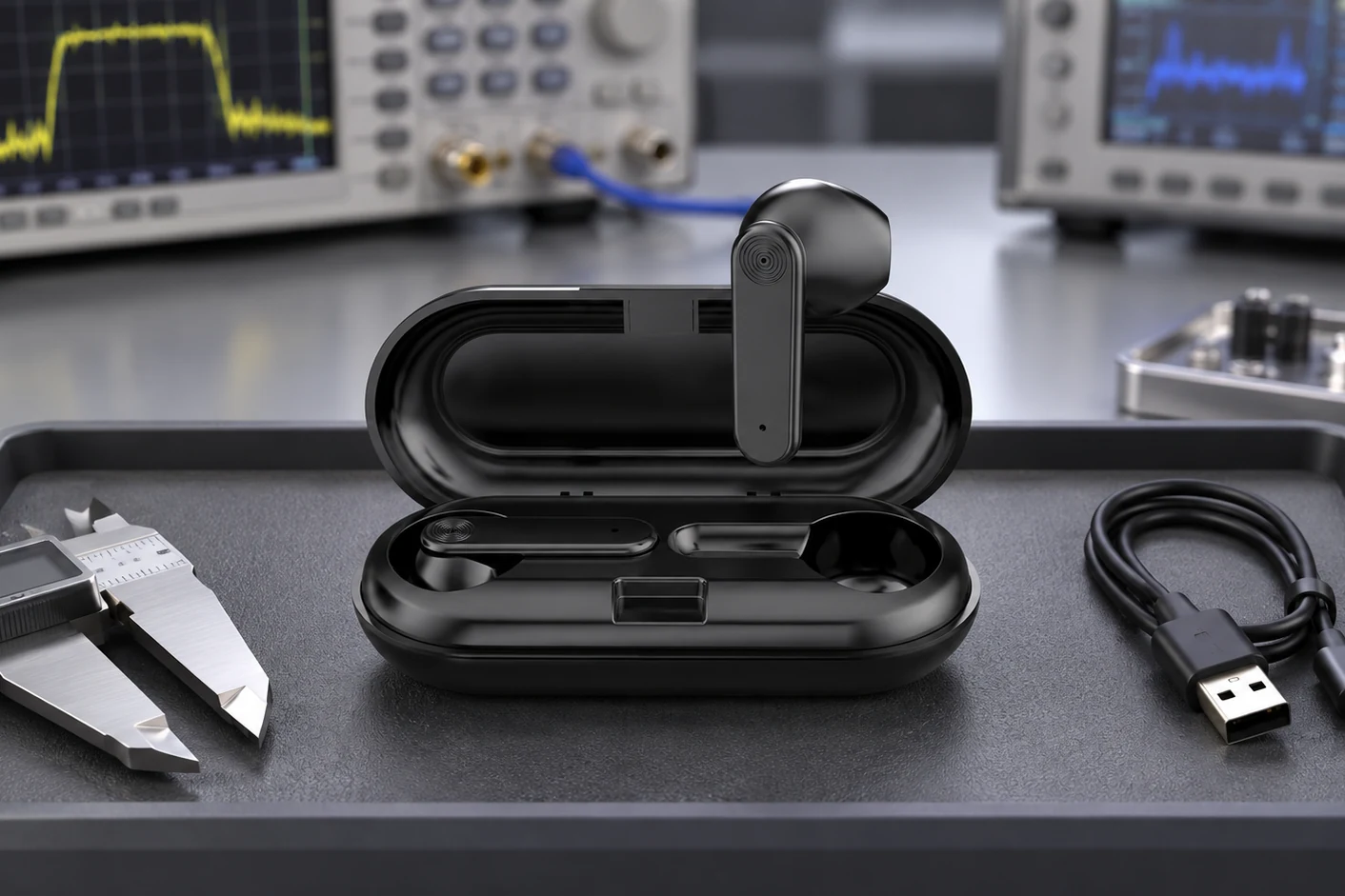 Black TWS earphones and charging case on a controlled laboratory bench