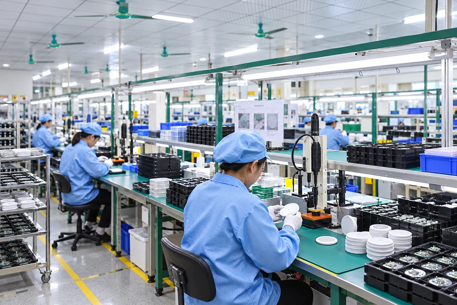 Wireless charger assembly line with controlled fixtures and component trays