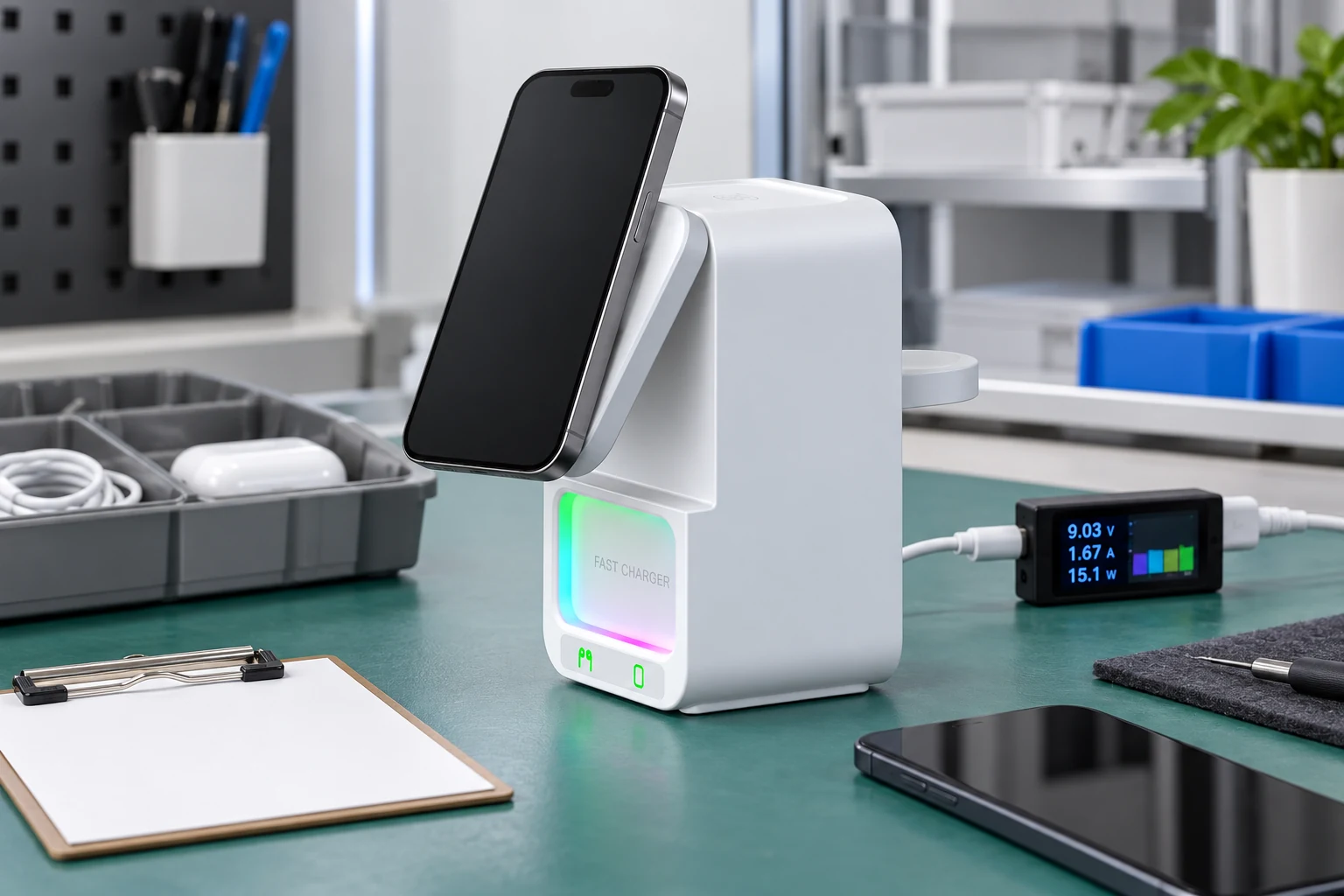 White multifunction wireless charger on an electronics inspection bench