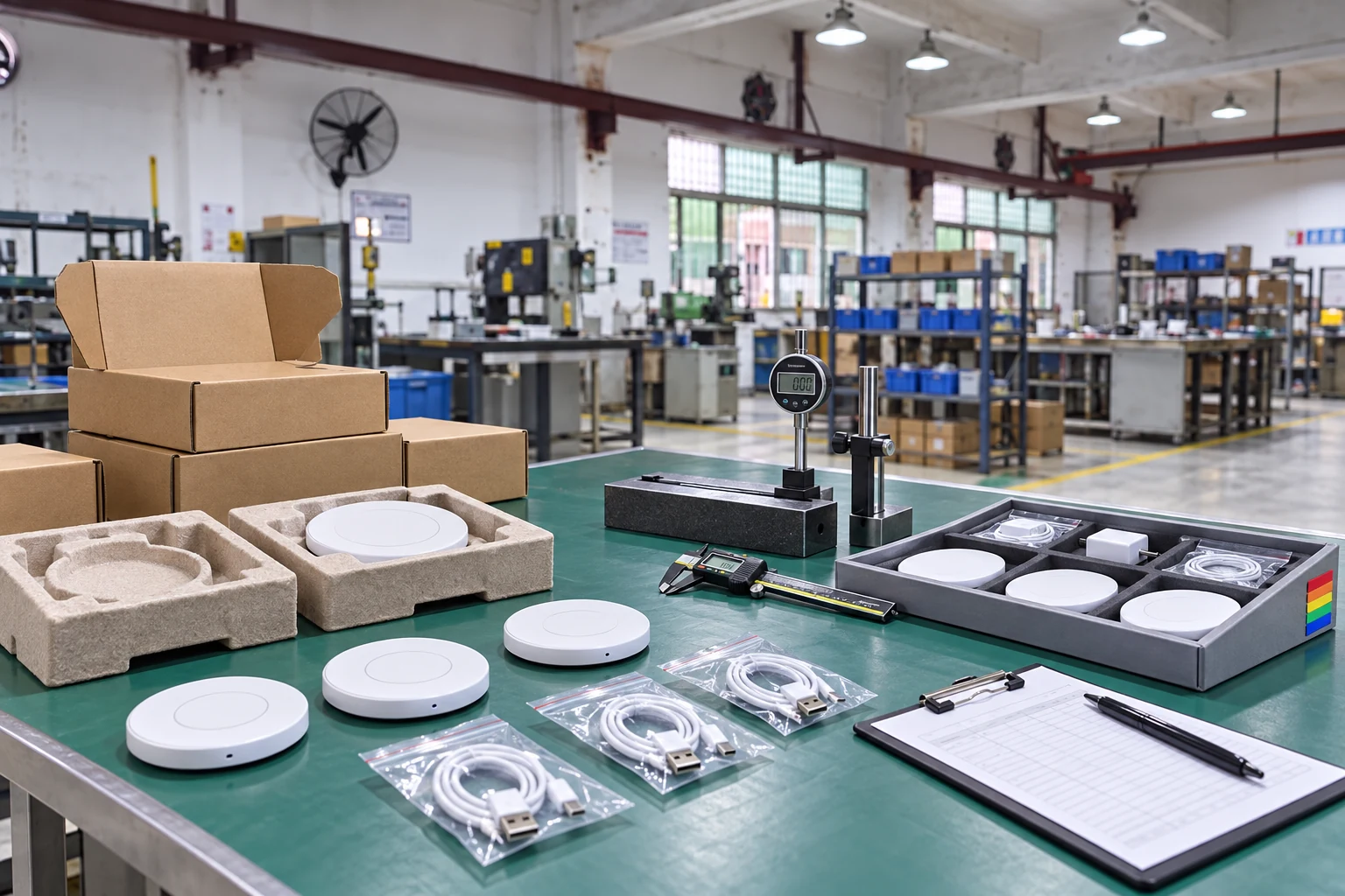 Final inspection table with charger units cables packaging and gauges
