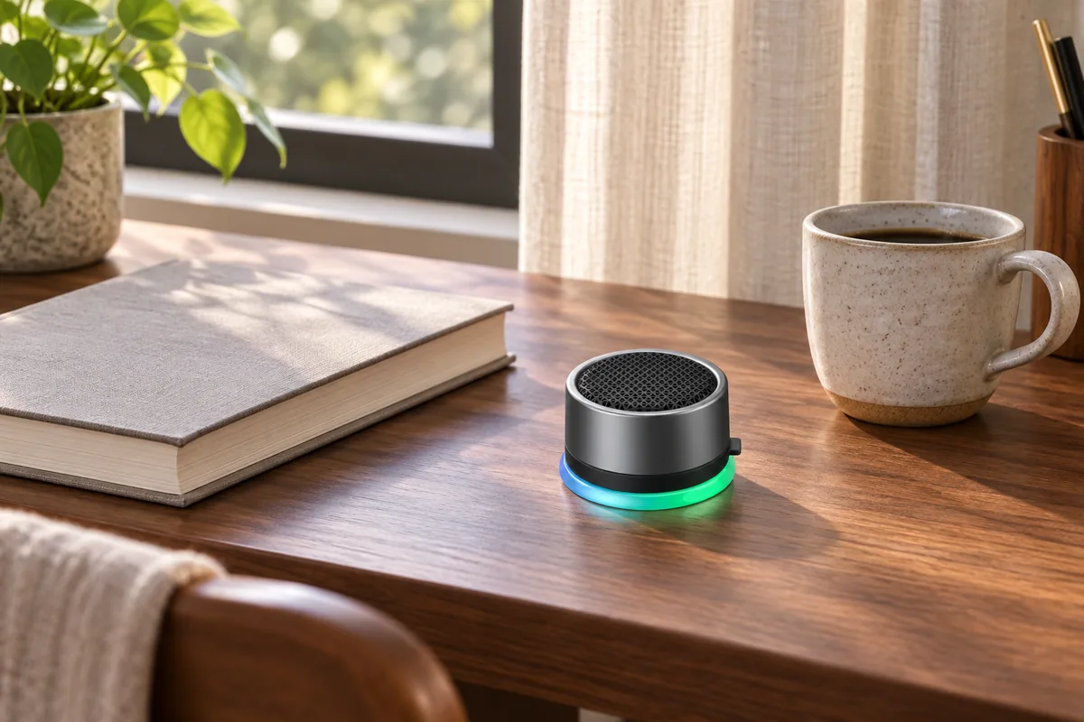 Compact illuminated speaker on a reading desk