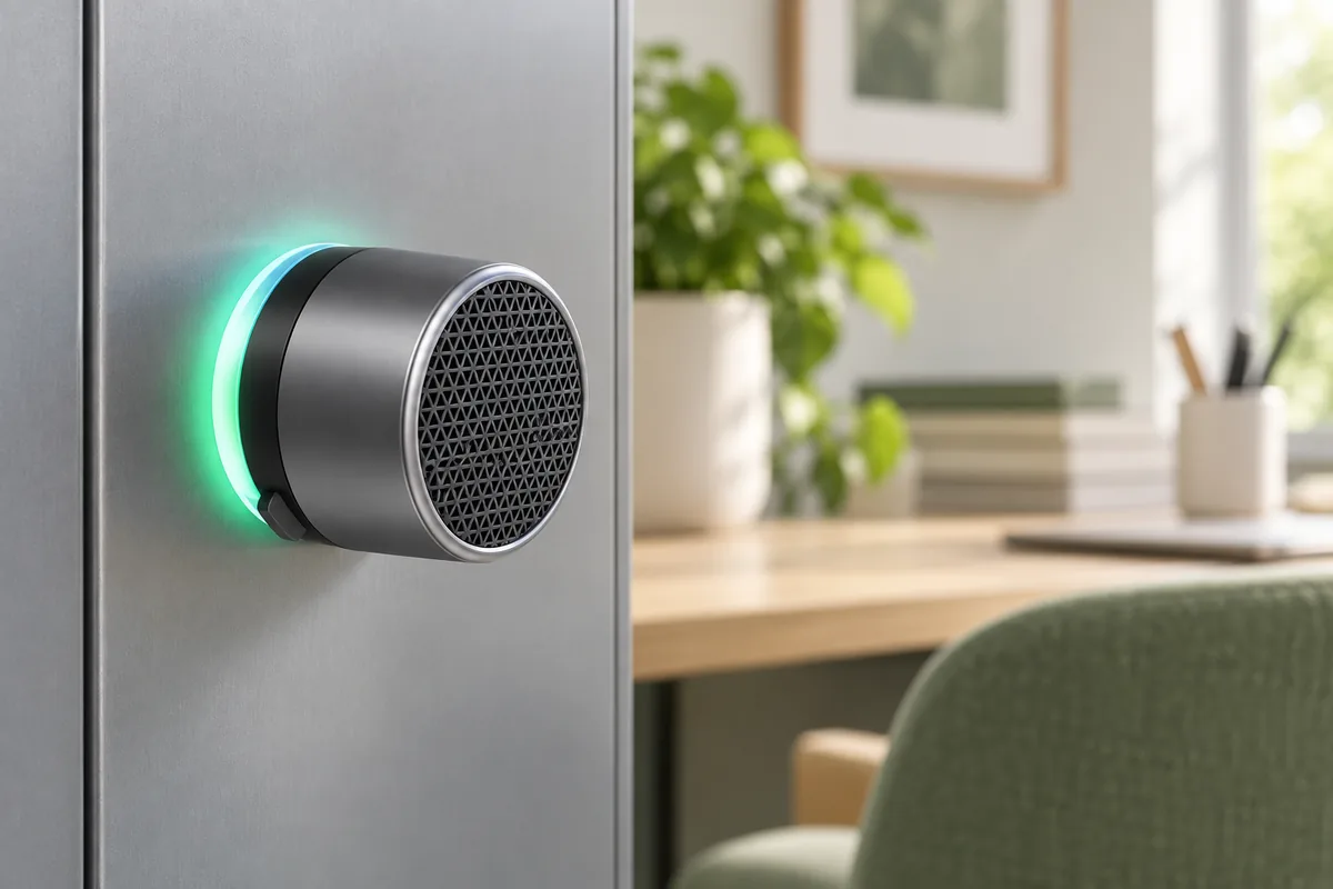 Mini speaker attached to a steel cabinet