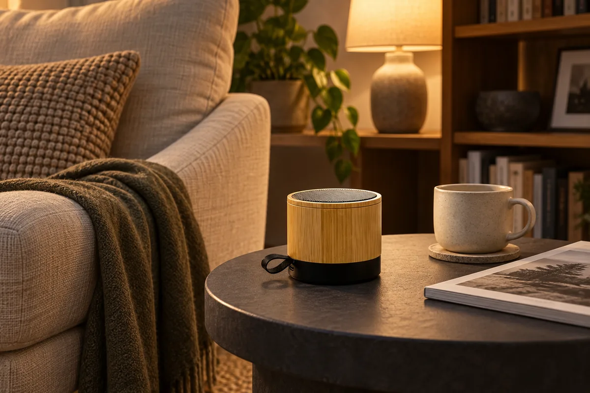 Bamboo speaker on a side table beside a reading chair