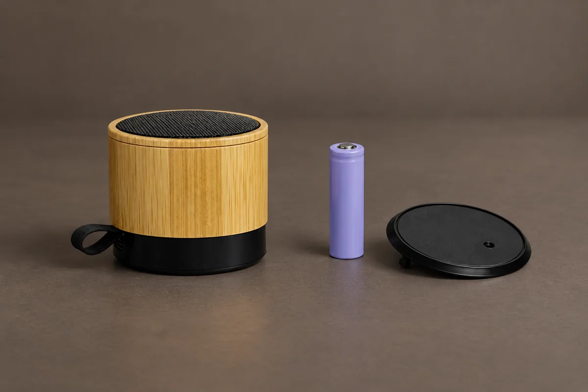 Bamboo speaker with cylindrical battery and removable bottom cover