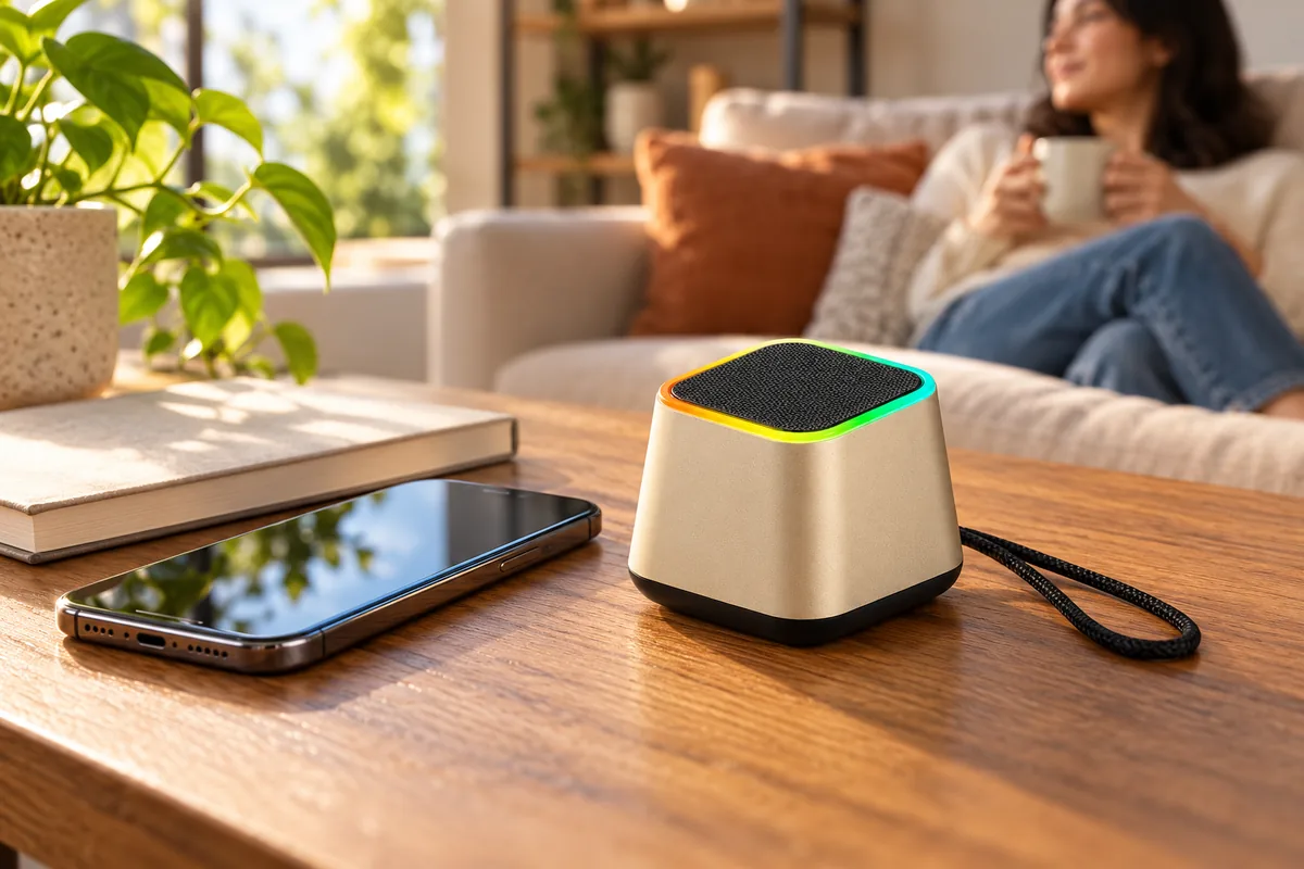 Gold mini speaker beside a phone in a living-room listening scene