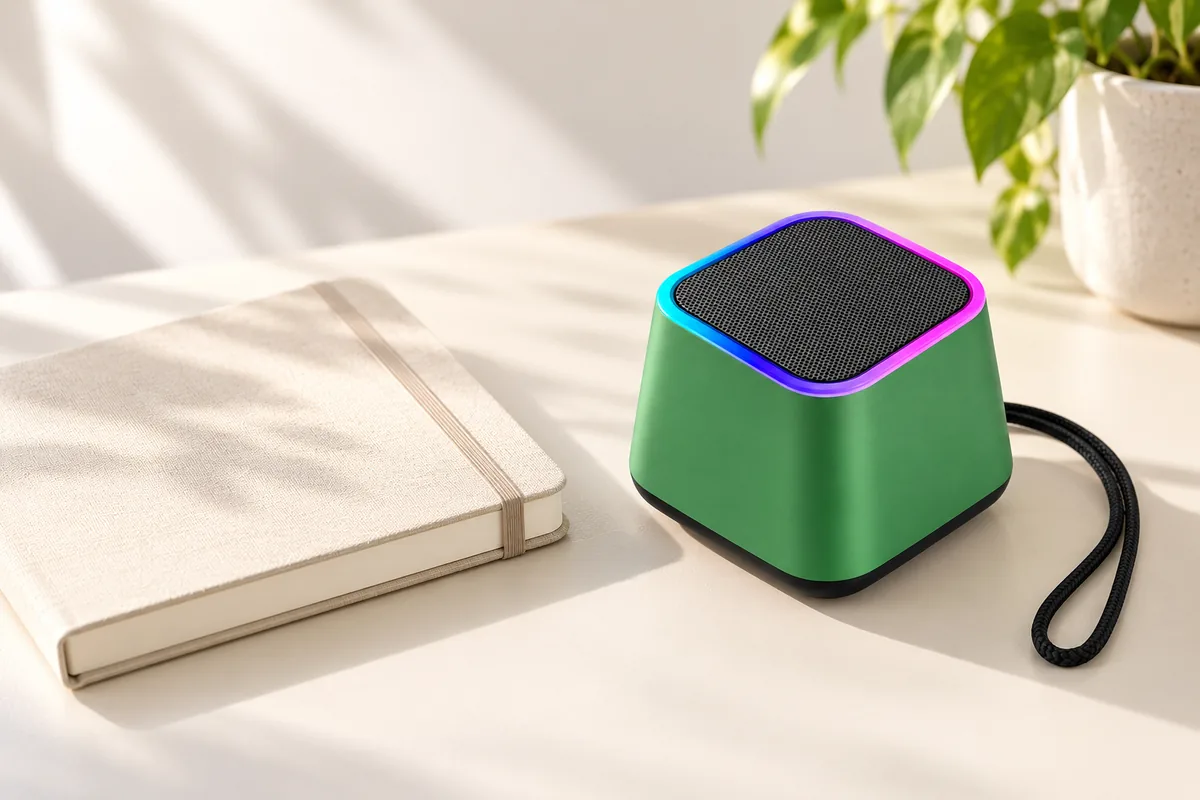 Green compact RGB speaker beside a closed notebook