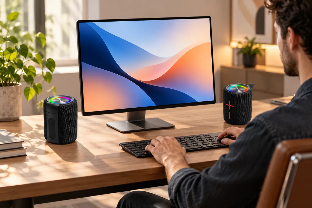 Split speaker sections beside a monitor in a home desk setup